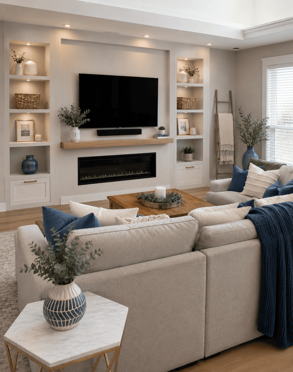 Custom media wall with built-in shelving and a linear fireplace in a Tampa Bay home