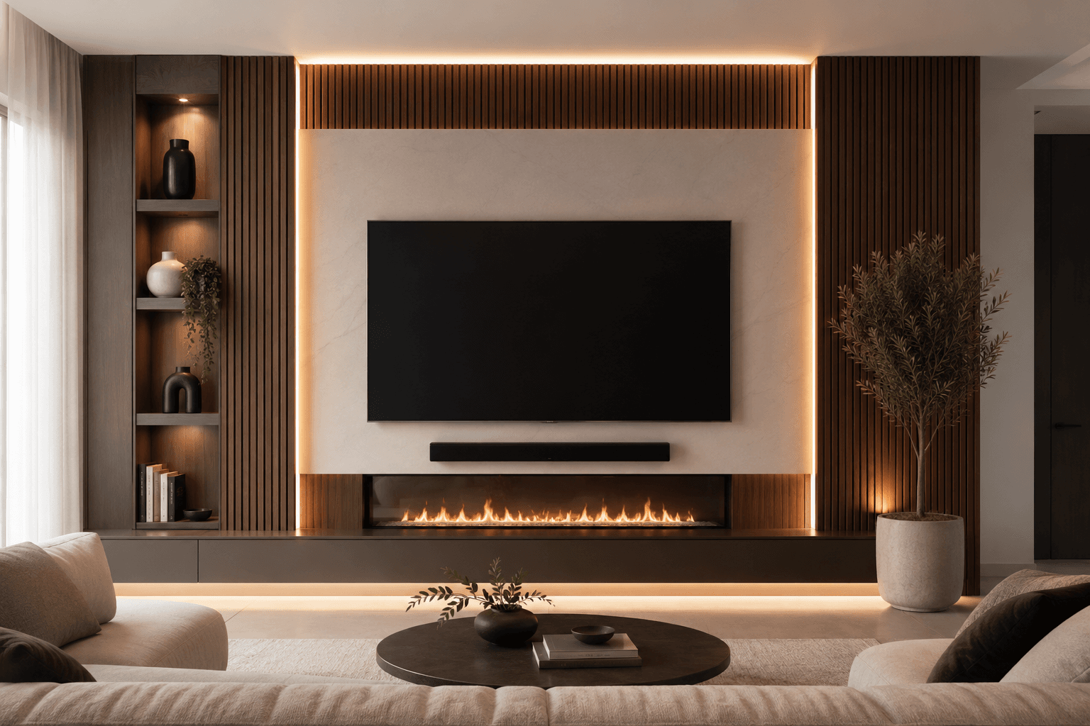 Walnut slat custom media wall with built-in shelving by Custom Wall Co in Tampa Bay