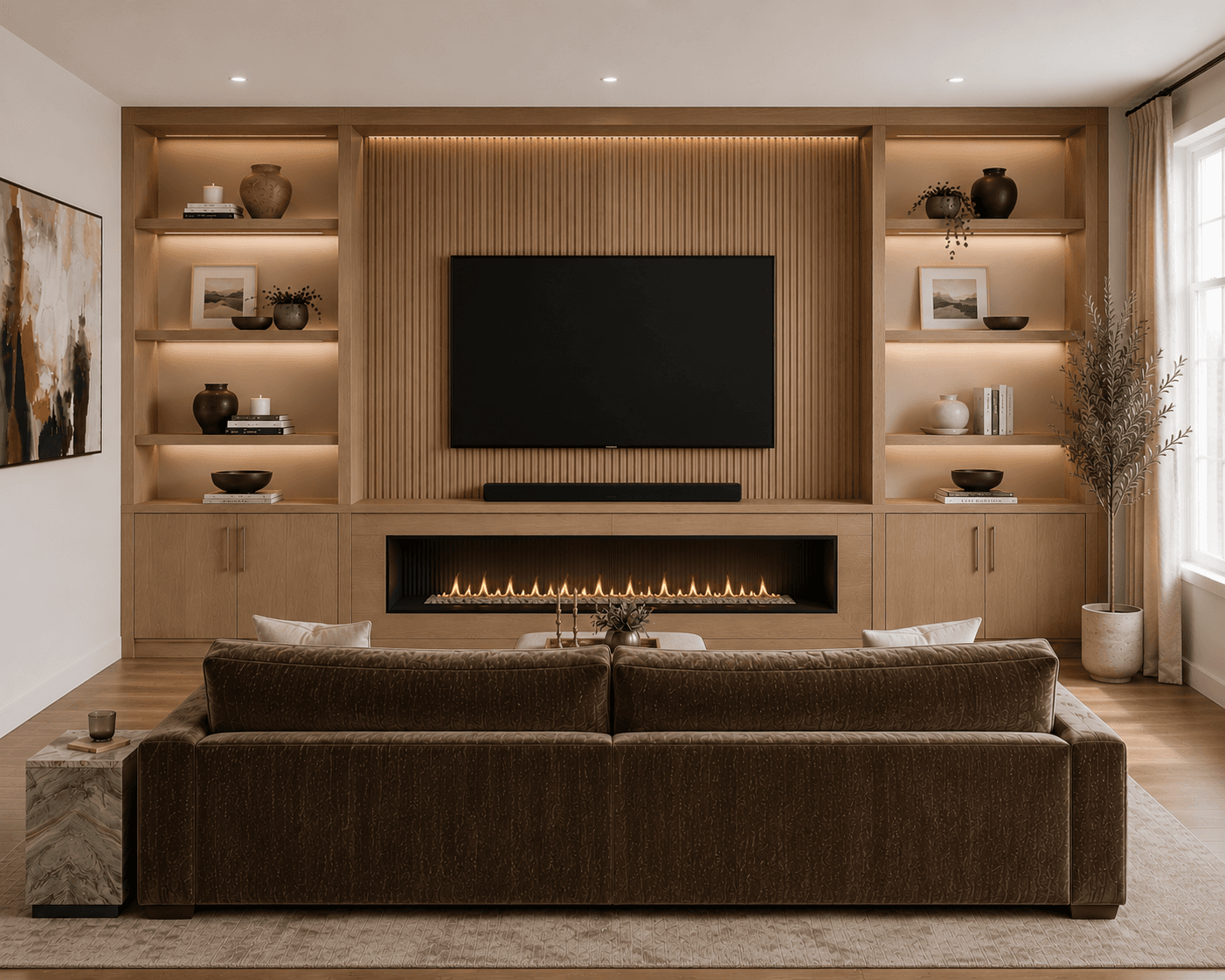 Warm oak custom media wall with open shelving in a Tampa Bay living room