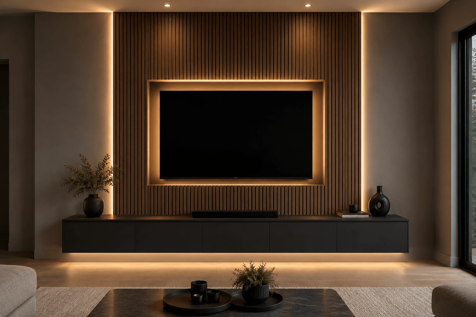 Wood slat custom media wall and TV wall with a floating black console in Tampa Bay